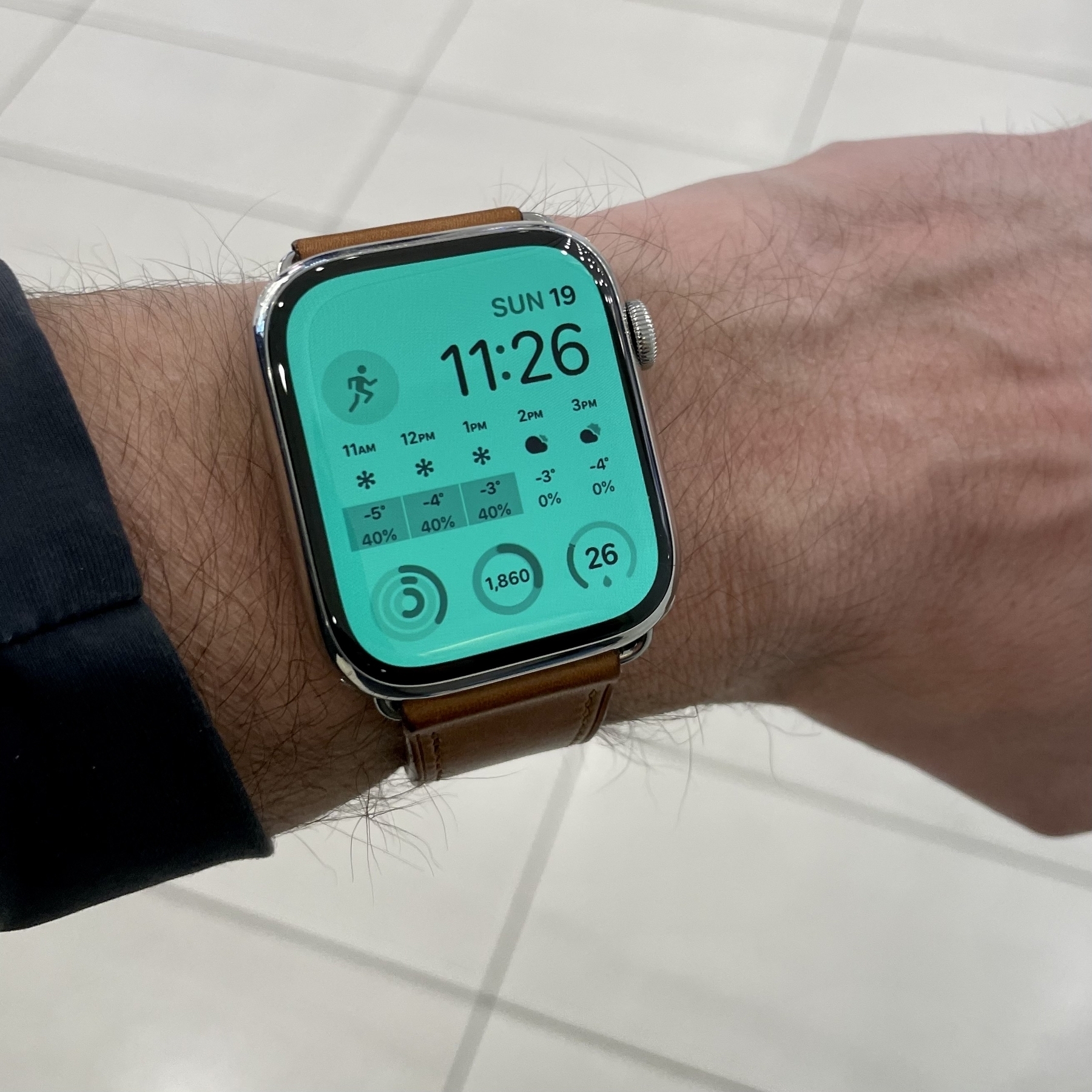 A stainless steel Apple Watch with brown leather strap is shown worn on my wrist, with a green modular watch face.