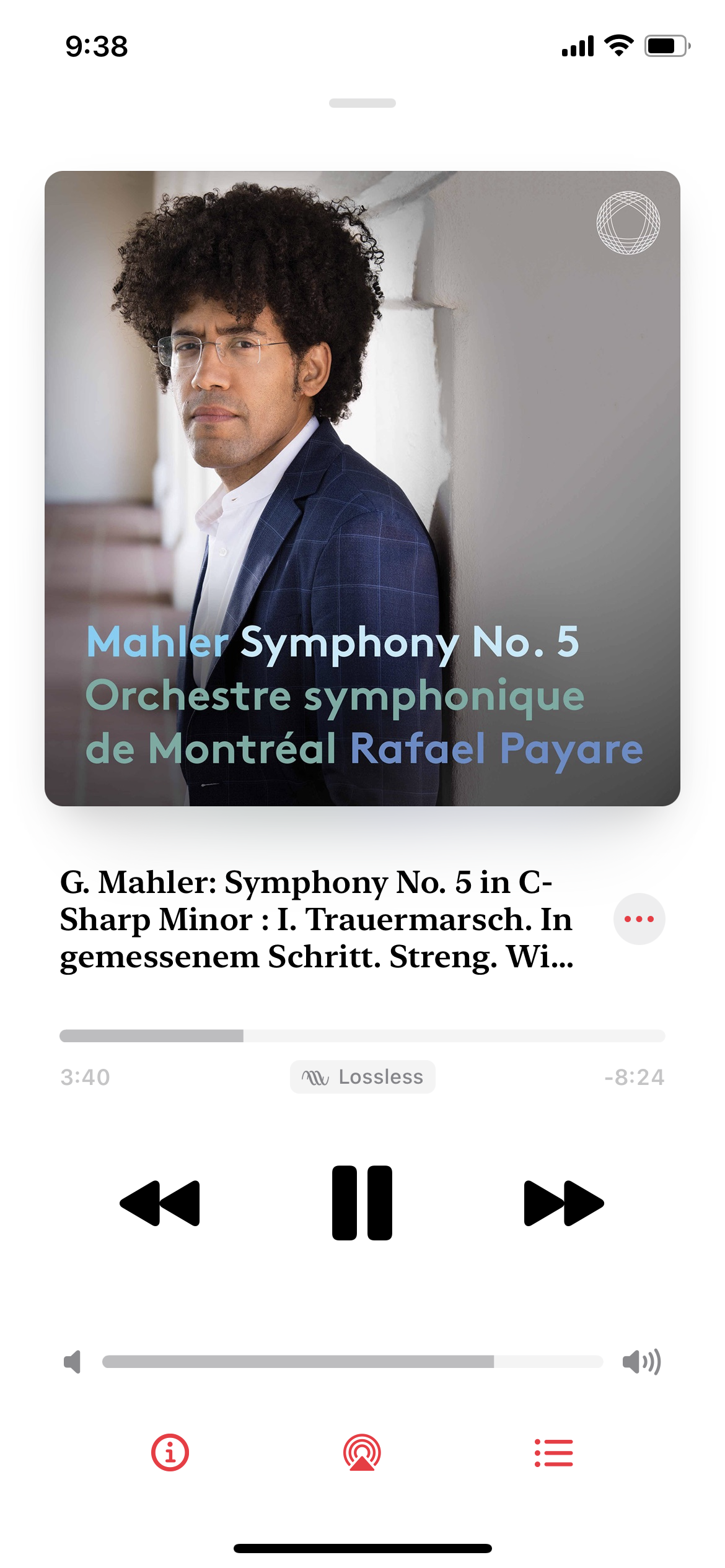 A screenshot of the Apple Music Classical now-playing interface, showing playback of the first movement of Mahler’s Fifth Symphony as performed by the Montreal Symphony Orchestra.