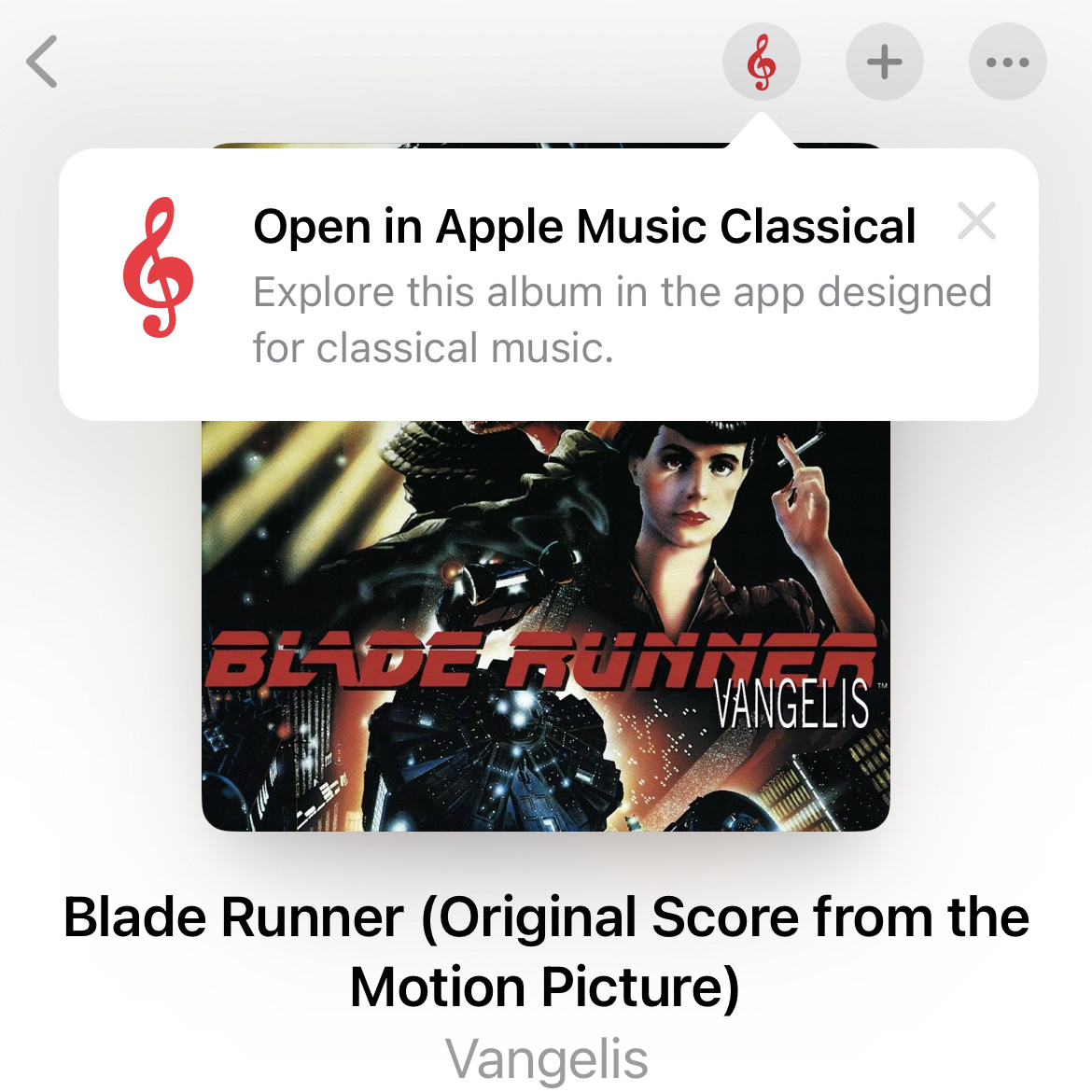 A cropped screenshot of the Apple Music app on iPhone showing the soundtrack to the Bladerunner soundtrack, with a popover inviting the user to open the album in Apple Music Classical.